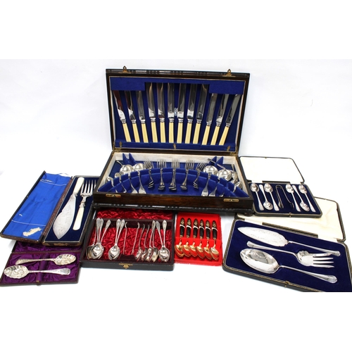 378 - Oak canteen with silver plated flatware and various cased sets of Epns cutlery, etc