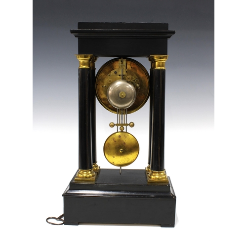 384 - French Empire column Portico mantle clock, ebonised case with ormolu, complete with pendulum and key