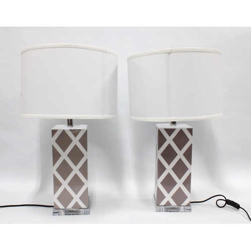 388 - A pair of contemporary grey and white glazed pottery table lamps with shades (2)