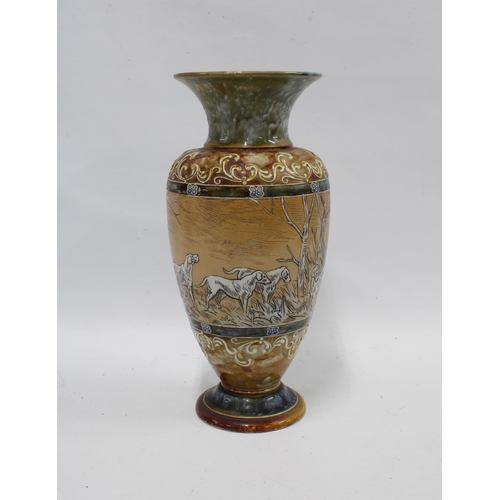 389 - HANNAH BARLOW (1851-1916) for Doulton Lambeth, sgraffito decorated vase, with a hunting dog scene, i... 