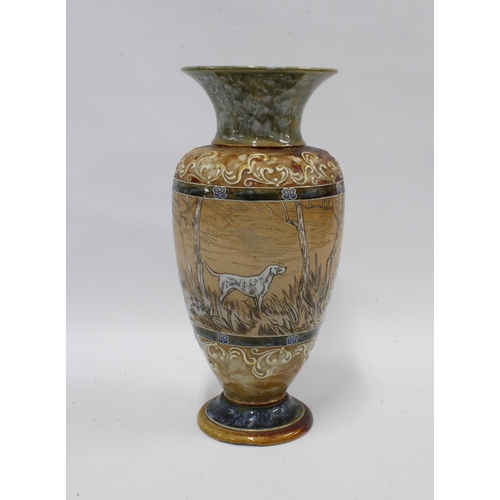 389 - HANNAH BARLOW (1851-1916) for Doulton Lambeth, sgraffito decorated vase, with a hunting dog scene, i... 