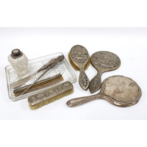 394 - Vintage dressing table brush set together with a silver backed mirror and a silver collared glass ja... 