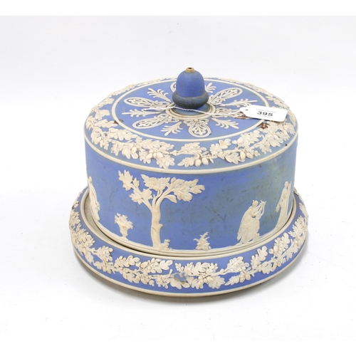 395 - Jasperware blue and white cheese dome and cover, circular with sprigged decoration, 27cm