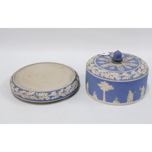 395 - Jasperware blue and white cheese dome and cover, circular with sprigged decoration, 27cm