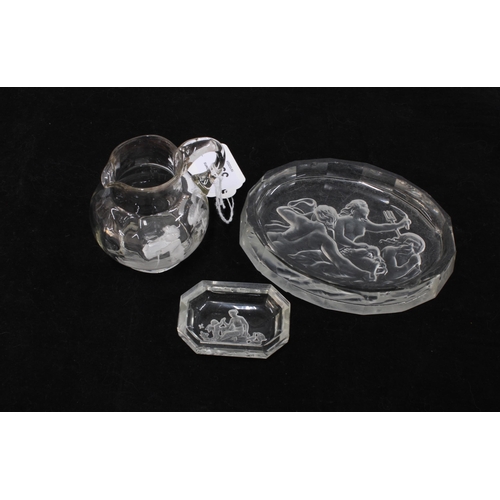 398 - Mary Gregory glass jug and two intaglio glass dishes, (3)