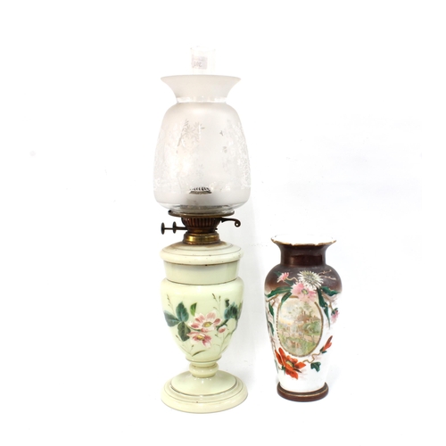 399 - Opaline glass oil lamp and a Victorian glass baluster vase, (2)