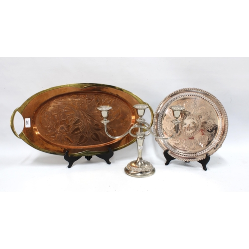 405 - Copper and brass tray together with an Epns salver and candelabra (3)