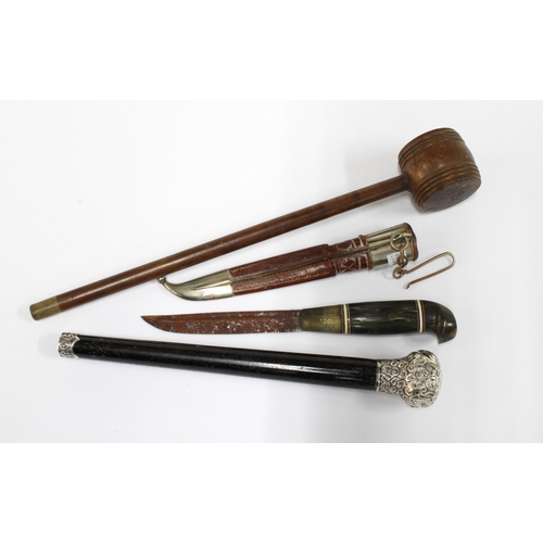 415 - Silver topped tipstaff / cane, 23cm long, a gavel and a small hunting knife (3)