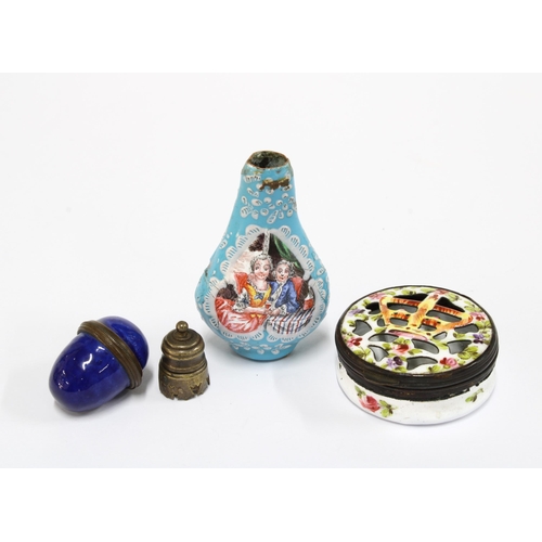 418 - Three enamel scent containers comprising a blue ground perfume bottle, painted to both sides with co... 