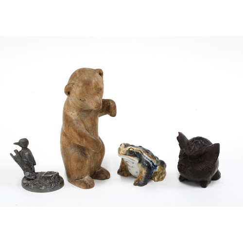 421 - Carved wooden bear and owl, pottery frog and a pewter kingfisher, tallest 13cm (4)