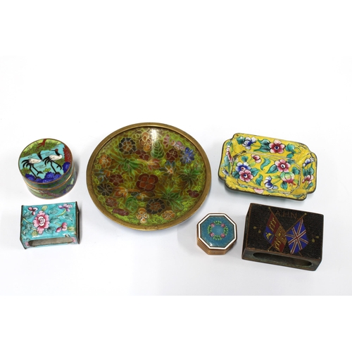 422 - Cloisonne and enamel wares to include match box covers, pin dish and a small octagonal enamel pill b... 