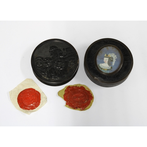 424 - Two 19th century tortoiseshell snuff boxes, one with a fabric panel depicting a young woman, 8cm dia... 