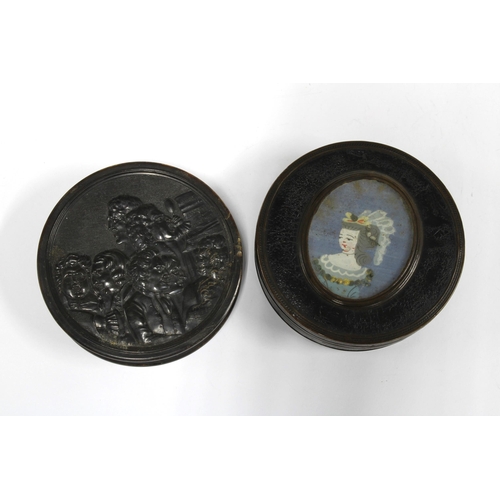 424 - Two 19th century tortoiseshell snuff boxes, one with a fabric panel depicting a young woman, 8cm dia... 