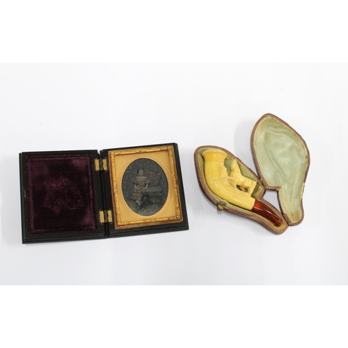 430 - Small Meerschaum cheroot in fitted case, 9cm long,  together with a framed daguerreotype (2)