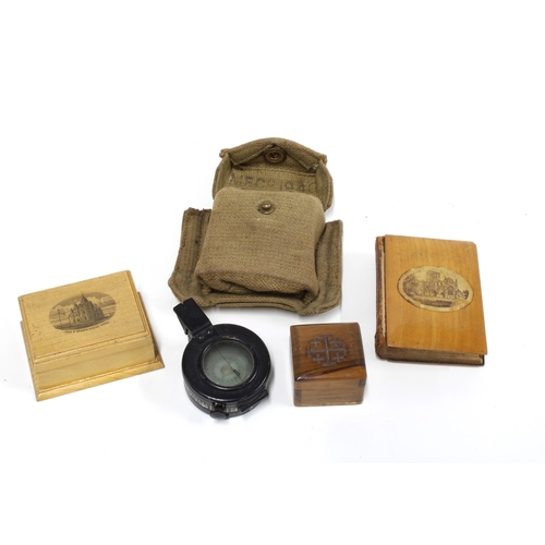 431 - WWII, MKIII compass and a Mauchline box, Mauchline Bible and a small hardwood box, (4)