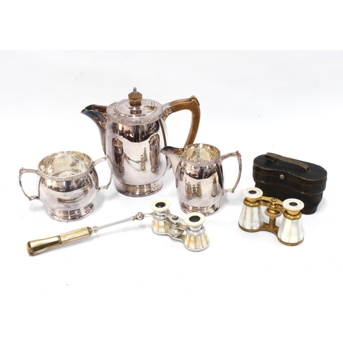 433 - Three piece Epns tea set and two pairs of opera glasses