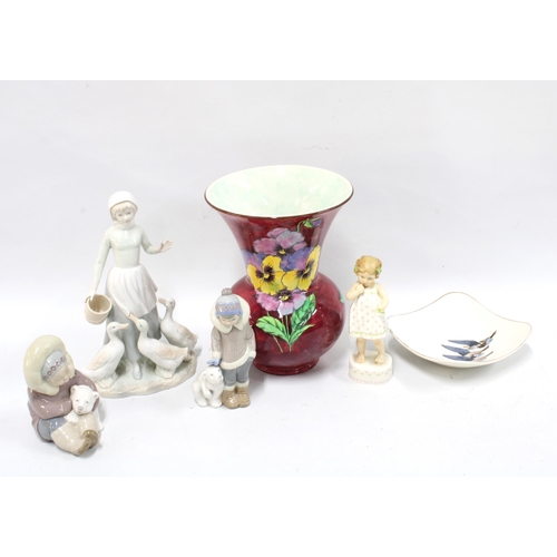 436 - Royal Worcester figure 'Only Me', two Lladro figures and another, Royal Doulton vase and a Peter Sco... 