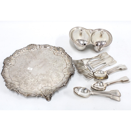 438 - Silver plated salver, quantity of Epns flatware and a double entree dish