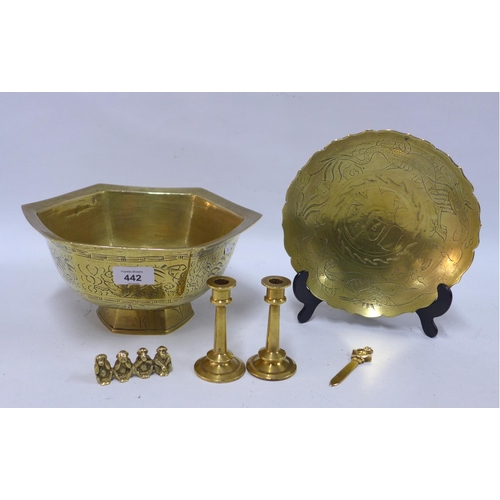 442 - Chinese brass bowl and oher brasswares to include candlesticks, a dish and three wise monkeys, etc