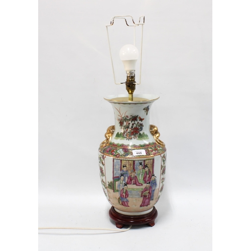 444 - Chinese famille rose baluster table lamp on a wooden base, 41cm excluding fitting