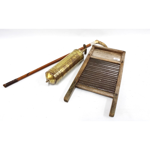 447 - Vintage Pyrene fire extinguisher, a riding crop and a washboard (3)