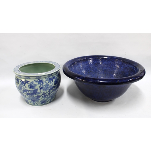 448 - Large blue glazed bowl, 56cm diameter and a Chinese blue and white fishbowl planter, (2)