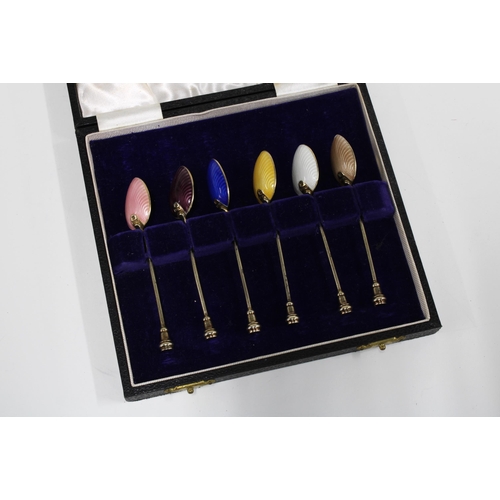 50 - Set of six silver gilt cased enamel coffee spoons, Barker Brothers, Birmingham 1957 (6)