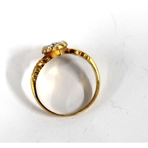 6 - Antique 18ct gold  mourning ring with seed pearls and black enamel, Chester hallmark, date mark rubb... 