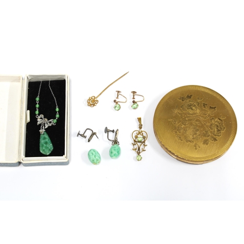 69 - Edwardian 9ct pendant, a horseshoe tiepin, vintage costume jewellery necklace and earrings and a pow... 