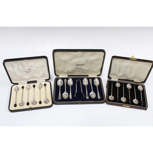 78 - Cased set of six Walker & Hall silver teaspoons and two sets of six silver coffee bean handled teasp... 