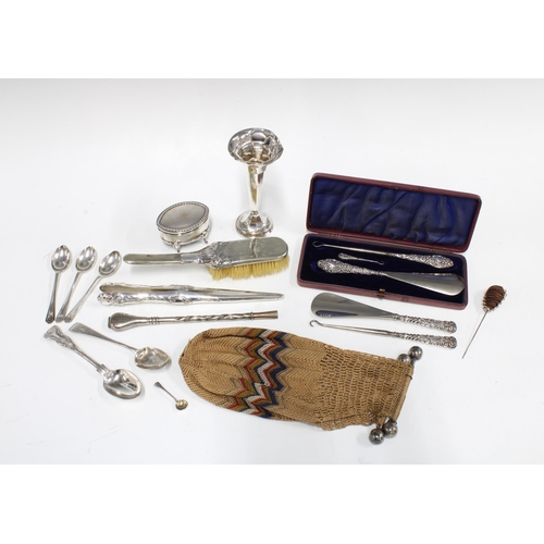 81 - A mixed lot of silver to include teaspoons, vase, trinket box, glove stretchers, pipe and button hoo... 