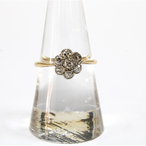 9 - 18ct gold diamond flowerhead ring, stamped 18ct, early 20th century