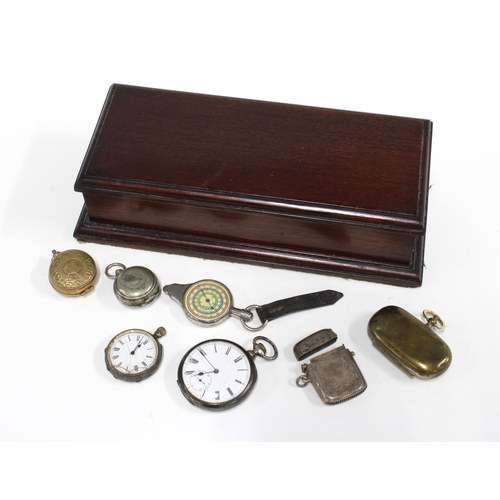 90 - Silver vesta case, an open faced pocket watch, sovereign coin cases, etc in a wooden box