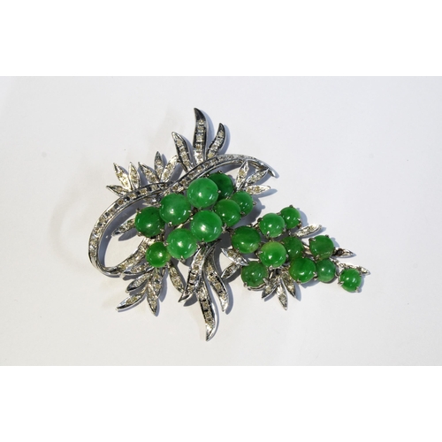 97 - 18k white gold jade grapes and diamond brooch, in a tremble setting, stamped 18k , 7 x 6cm