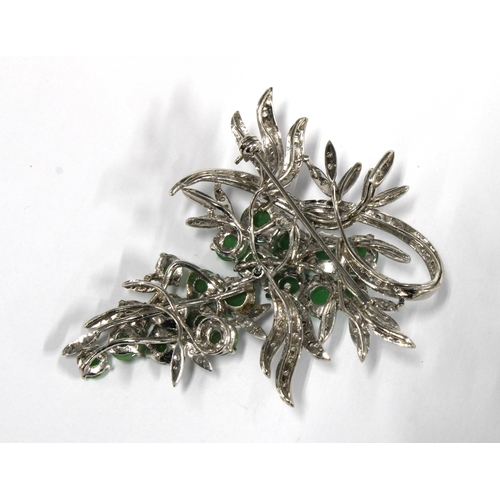 97 - 18k white gold jade grapes and diamond brooch, in a tremble setting, stamped 18k , 7 x 6cm