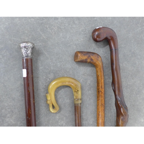 291 - A collection of walking canes and shepherd crooks to include a cane with silver mounts, (4)