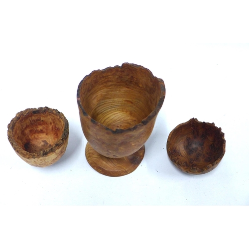 466 - Three handcrafted burrwood treen items to include a vase, another of smaller form and a bowl, (3)