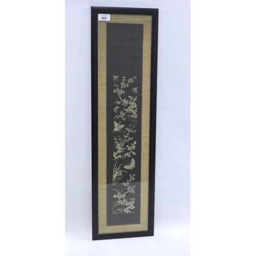 469 - Chinese embroidered sleeve panel, framed under glass, 80 x 22cm including frame