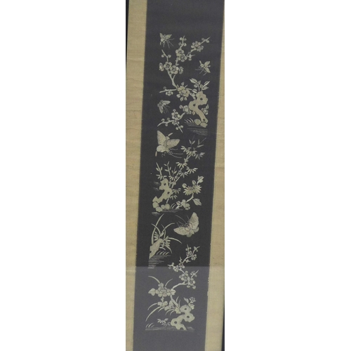 469 - Chinese embroidered sleeve panel, framed under glass, 80 x 22cm including frame