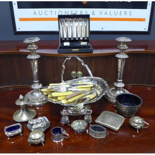 100A - A pair of Sheffield plated candlesticks, a silver cigarette case and mixed Epns wares to include a s... 