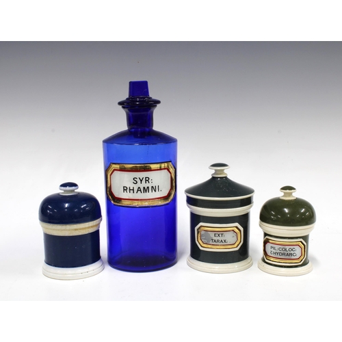 103 - Victorian pharmacy / apothecary blue glass bottle, labelled SYR: RHAMNI, 23cm, together with two gre... 