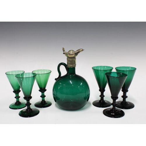 121 - Victorian green glass flagon decanter with white metal mounts, 20cm together with a set of six knop ... 