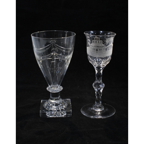 122 - 19th century engraved glass rummer and a Georgian wine glass with engraved bowl on a facet  cut knop... 