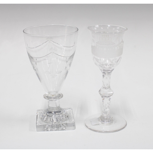 122 - 19th century engraved glass rummer and a Georgian wine glass with engraved bowl on a facet  cut knop... 