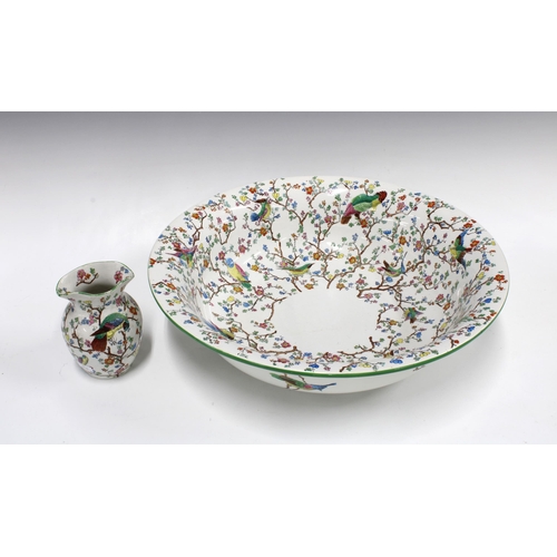 141 - Spode wash bowl / basin with birds in branches, 42 x 12cm together with a small vase, a/f (2)