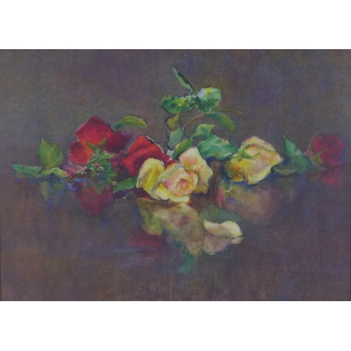 155 - Still life watercolour of roses, signed indistinctly and framed under glass, 52 x 39cm