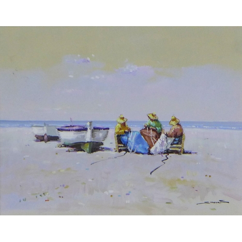 166 - LUIS ANGEL SINOVAS MARTIN (SPANISH 1956-2010), untitled beach scene with figures, oil on board, sign... 