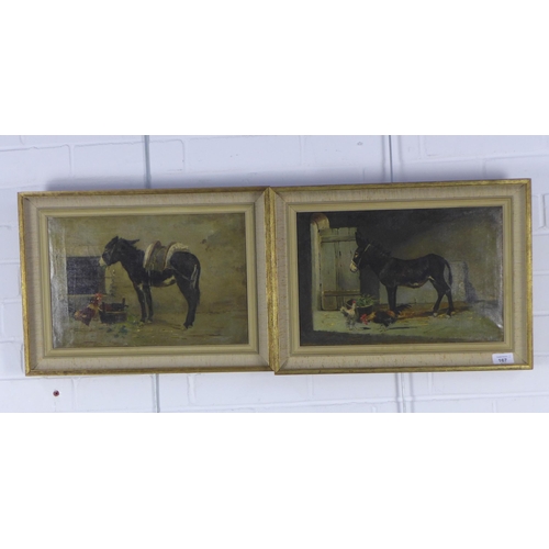 167 - A pair of untitled oil on canvas paintings of donkeys, unsigned and framed, 38 x 25cm (2)