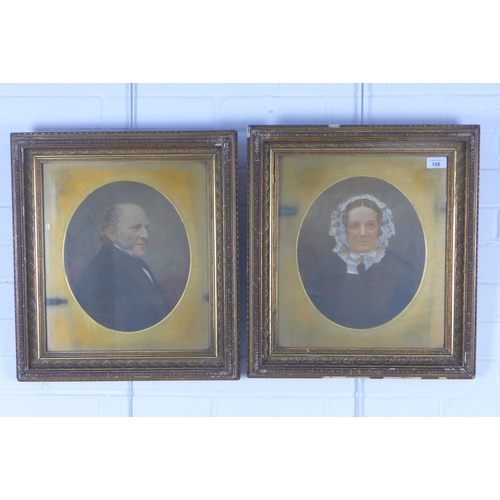 168 - A pair of late 19th century overpainted marriage prints of William Crosbie and Keziah Catchpole, fra... 