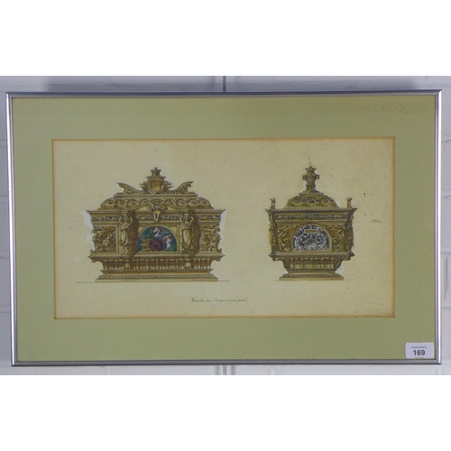 169 - Late 19th / early 20th century Design for a Casket, gouache, signed indistinctly, framed under glass... 